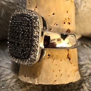Vintage DBJ Black & White Diamond Square Ring in Sterling Silver. NWT